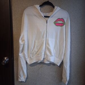 Lauren Moshi White Full Zip Hoodie Med Lightning Eye Lips Neon Brand New